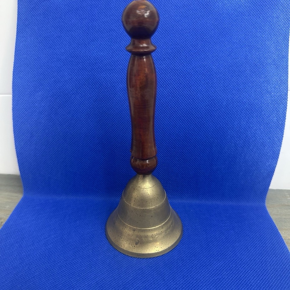 Bell Brass Old School Bell Brown Wood Handle India Handbell Dinner Farmhouse 6.5